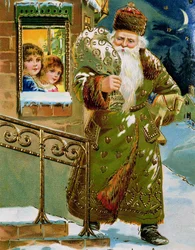 Grönrutig jultomte, tyskt kort, ca 1900 (tryck)