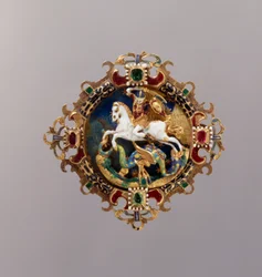 Hatt Agrafe med St. George (guld, emalj, rubin och smaragd)