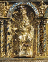 Henrik II (973-1024 även känd som St Henry, den heliga romerske kejsaren, detalj från kejsar Karl den Stores helgedom (742-814) 1215 (guld & champleve-emalj)