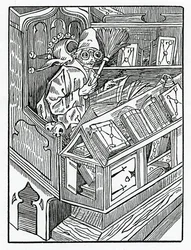 Här börjar folesna och de första onyttiga bokarna, illustration från Alexander Barclays engelska översättning av 