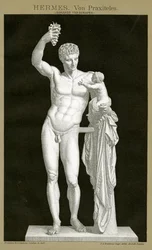 Hermes och spädbarnet Dionysos tillskriven Praxiteles c.1895 (färgkromolitografi)