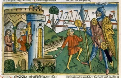 I Samuel 17 1-58 David besegrar Goliat och möter Saul, från Nürnbergbibeln (Biblia Sacra Germanaica) (färgat träsnitt)