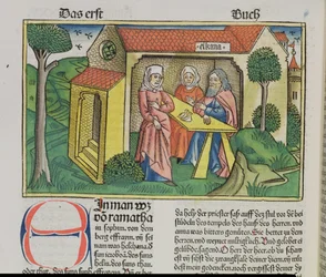 I Samuel 1:8 Elkana tröstar Hanna, från Nürnbergbibeln (Biblia Sacra Germanaica) (färgat träsnitt)