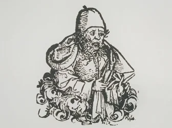 Idealporträtt av Guido Bonatti, kopia av en illustration från Liber Chronicarum av Hartmann Schedel, 1493, använd i A History of Magic från slutet av 1800-talet