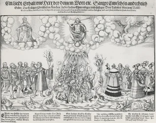 Illustration av Martin Luthers hymn som ber om Guds hjälp mot påvens dödliga verk