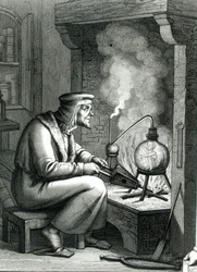 Illustration från Goethes Faust som visar Mephistopheles som skapar en homunculus, 1854