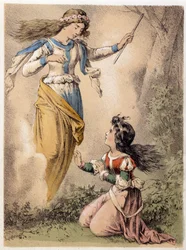 Illustration av Franz Hoffmanns berättelser "" Sagor och fabler - De tre gåvorna"": önskan uppfylld av en älva. Kromolitografi av 1800-talet.