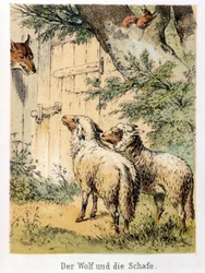Illustration av Franz Hoffmanns berättelser "" Sagor och fabler - Vargen och fåren"": en varg som pratar med de två fåren. Kromolitografi av 1800-talet.