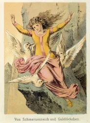 Illustration av Franz Hoffmanns berättelser "" Sagor och fabler - Von Schmerzen Reich und Gold¿kuchen"": en kvinna omgiven av tre fåglar. Kromolitografi av 1800-talet.