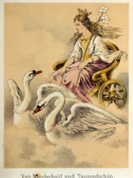 Illustration av Franz Hoffmanns berättelser "" Sagor och fabler - Von Wunderhold und Tausendsch¿n": en vagn som bär en gudinna skjuten av två svanar. Kromolitografi av 1800-talet.