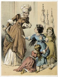 Illustration av Franz Hoffmanns berättelser "" Tales et Fables - Les 3 Gifts"": en kvinna misshandlade de 3 flickorna. Kromolitografi av 1800-talet.