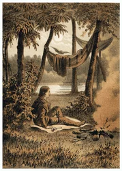 Illustration av européernas erövring av Amazonfloden, installation av ett läger nära floden. i "" De Bootslieden der Amazon-floden", Karl Muller, Nederländerna