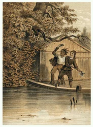 Illustration av erövringen av Amazonfloden av européer. i "De Bootslieden der Amazon-River", Karl Muller, Nederländerna