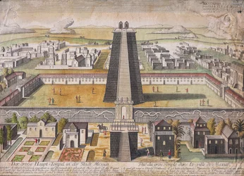 Imaginär rekonstruktion av huvudtemplet (Templo Mayor) i Mexico City (färgad gravyr)