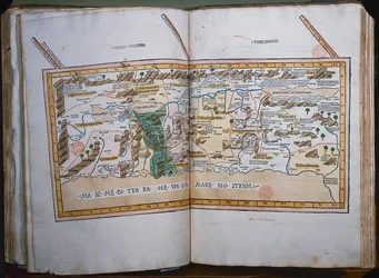 Inc. 425 Karta över det heliga landet, baserad på beskrivningar och koordinater givna i Cosmographica, av Ptolemaios (Claudius Ptolemaeus av Alexandria) (c.90-168 AD) publicerad i Ulm, Tyskland, av Johann Reger fo
