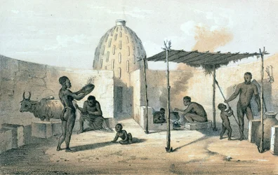 Interiör av en Musgu-bostad nära Tchad, från "Resor i och upptäckter i Nord- och Centralafrika" av Dr Heinrich Barth (1821-65) (litho)