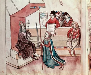 Dubbning av en riddare. Miniatyr ur "Krönikan om konciliet i Konstanz" av Ulrich Richental (1360-1437), omkring 1438, Prag, Nationalbiblioteket
