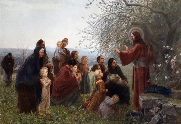 Jesus med kvinnor och barn ("Låt små barn komma till mig"), Tyskland v. 1880.