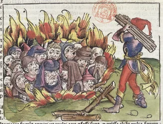 Judar brända på bål, ur Nürnbergkrönikan av Hartmann Schedel (1440-1514), 1493
