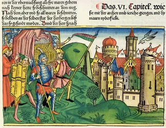 Josua 6 4-21 Jerikos fall, från Nürnbergbibeln (Biblia Sacra Germanaica) (färgat träsnitt)