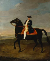 Kung Fredrik Vilhelm I till häst med Potsdam i bakgrunden, ca 1735