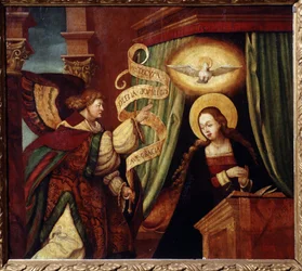 Annunciationen (The Annunciatioon). Ärkeängeln Gabriel kommer med ett meddelande på latin: ""Ave gratia plena Dominus tecum"" (Hej, o full av nåd, Herren är med dig) (början av Ave Maria). Målning av en tysk mästare (1500-talet). Olja