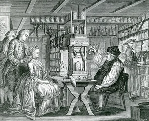 The Rustic Pharmacy, tryck gjord av Bartolomaus Hubner (1727-1795), 1774