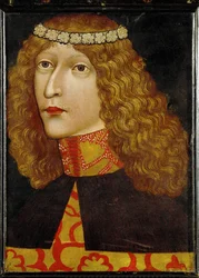Ladislaus Postumus, kung av Ungern och Böhmen, född 1440, fyra månader efter sin far kung Albrekt II:s död ... (pergament på trä)