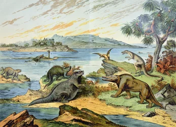 Landskap som skildrar kritaperioden (för 146 till 65 miljoner år sedan), illustration ur Naturhistoria om mineralogi och paleontologi av G. H. von Schubert, 1888
