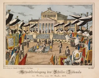 Nedläggning av grundstenen till Schillermonumentet vid Gendarmenmarkt, Berlin, 10 november 1859, med Schauspielhaus i bakgrunden, från Neuruppiner Bilderbogen, utgiven av Oehmigle & Ri