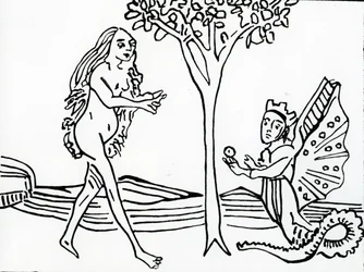 Lilith, bevingad och krönt, med ormstjärt, erbjuder Eva äpplet, ur ”Speculum Humanae Salvationis”, efter originalet från 1470