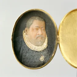 Medaljong innehållande miniatyrporträtt i vax av Landgrave Wilhelm IV (vax och guldpläterat silver) (se även 312134 och 312135)