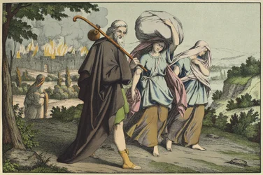 Lot och hans döttrar på flykt, illustration från Lancien Testamentet, utgiven av Jakob Ferdinand Schreiber, Esslingen (färgstick)