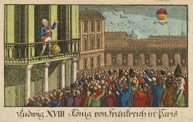 Louis XVIII kung av Frankrike i Paris, pub. 1814 (handfärgad gravyr)