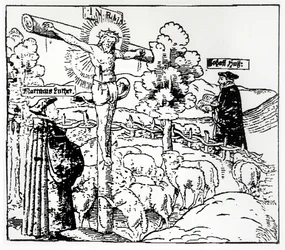 Luther (1483-1546) och Hus (1369-1415) med Kristus i fårhuset, ca 1520-21