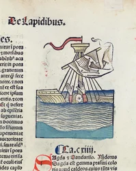 Man går ner i en skeppsbruten båt, illustration från Hortus Sanitatis, 1491 (färgat träsnitt)
