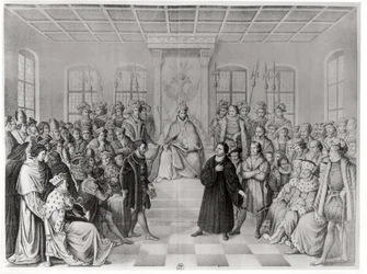 Martin Luther framför Karl V (1500-58) vid riksdagen i Worms, 16 april 1521, från "History of Germany"