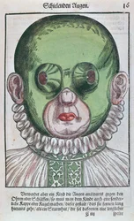 Mask för att behandla skelning, från Ophthalmodouleia av Georg Bartisch (1535-1636) publicerad i Dresden 1583 (träblock i färg)