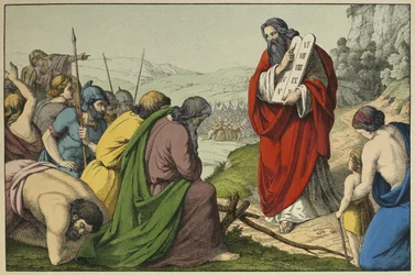 Moses och lagens tavlor, illustration från LAncien Testamentet, utgiven av Jakob Ferdinand Schreiber, Esslingen (färgstick)