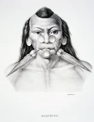 Infödd man av Maxuruna-stammen, med ansiktsdekoration, från Atlas of a Journey in Brazil av Dr von Spix och Dr von Martius