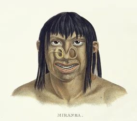 Infödd man av Miranha-stammen, med näsdekoration, från Atlas of a Journey in Brazil av Johann Baptist von Spix (1781-1826) och Karl Friedrich Philipp Martius (1794-1868), publicerad ca 1835-50 (kol.