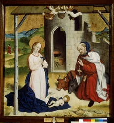 ""Nativite"" (Tillbedjan av Kristusbarnet) Valpsjuka från den tyska skolan. 1470-1480 Pushkin-museet, Moskva