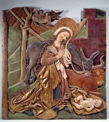 Nativite Relief på insidan av altartavlan i polykromt trä av tyska skolan. 1510 Dim. 1,12x1,11 m Paris, Louvren