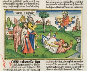 Nummer 16 32 Jorden sväljer rebellerna Dathan och Abiram, från Nürnbergbibeln (Biblia Sacra Germanaica) (färgat träsnitt)