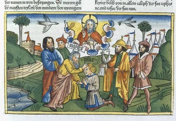 4 Mosebok 27 18-23 Moses lägger sin hand på Joshua, från Nürnbergbibeln (Biblia Sacra Germanaica) (färgat träsnitt)