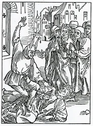 Av brekynge och hurtynge av amyte och frendshyp, illustration från Alexander Barclays engelska översättning av 