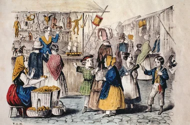 Friluftsmarknad i Tyskland, ca 1860 (färggravyr)