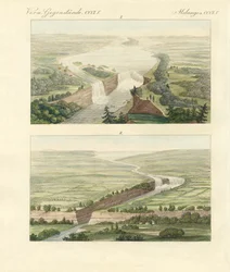 Över Niagarafallen och dess miljö (färgad gravyr)