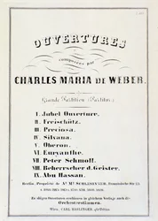 Sida med presentation av ouverturer från olika operor av Carl Maria von Weber (litho)