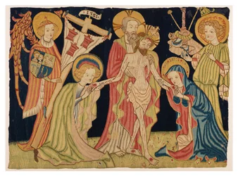 En del av altarets frontaltapet föreställande den heliga treenigheten, Jungfrun, Johannes och två änglar, från Nürnberg, ca 1420 (ull och linne)